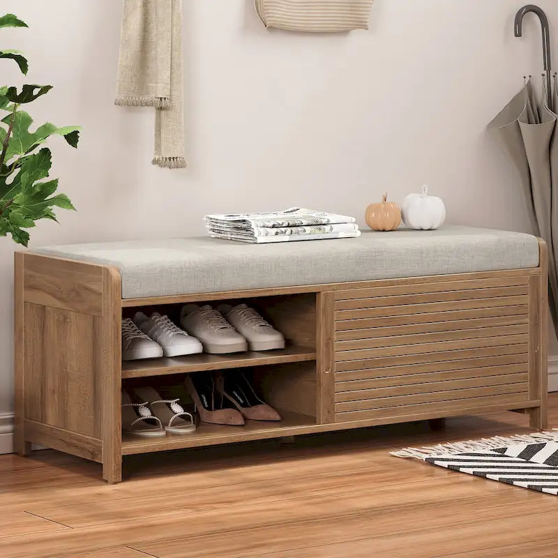 Banc de rangement à persiennes avec coussin et porte coulissante, MDF, 105,4 cm L, 1 place, Blanc/Gris/Bleu marine/Naturel/Espresso