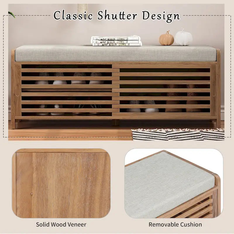 Banc de rangement à persiennes avec coussin et porte coulissante, MDF, 105,4 cm L, 1 place, Blanc/Gris/Bleu marine/Naturel/Espresso