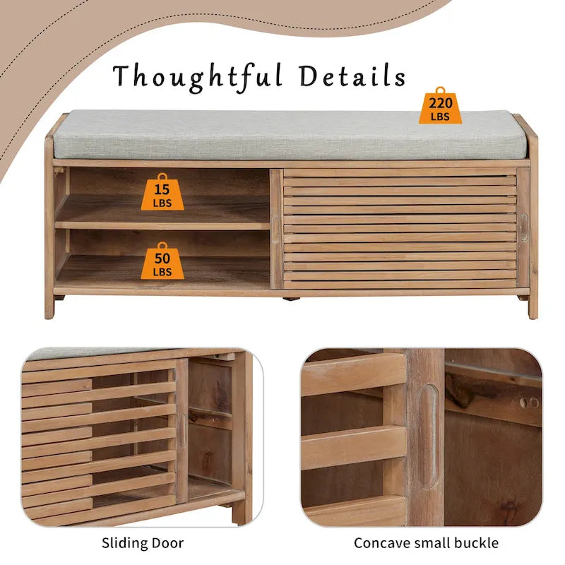 Banc de rangement à persiennes avec coussin et porte coulissante, MDF, 105,4 cm L, 1 place, Blanc/Gris/Bleu marine/Naturel/Espresso