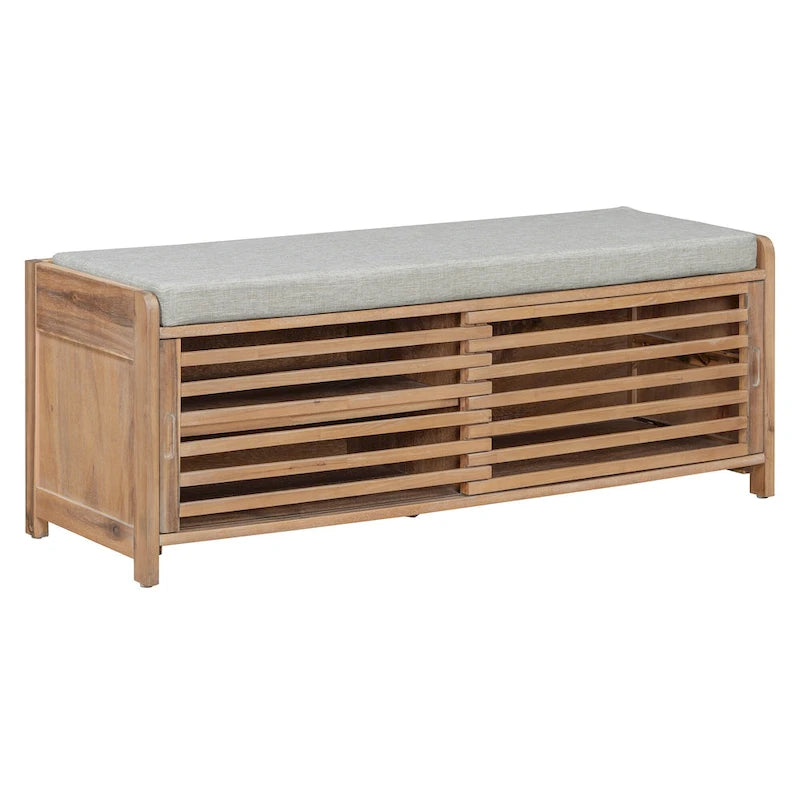 Banc de rangement à persiennes avec coussin et porte coulissante, MDF, 105,4 cm L, 1 place, Blanc/Gris/Bleu marine/Naturel/Espresso