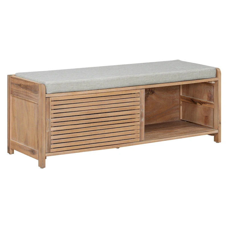 Banc de rangement à persiennes avec coussin et porte coulissante, MDF, 105,4 cm L, 1 place, Blanc/Gris/Bleu marine/Naturel/Espresso