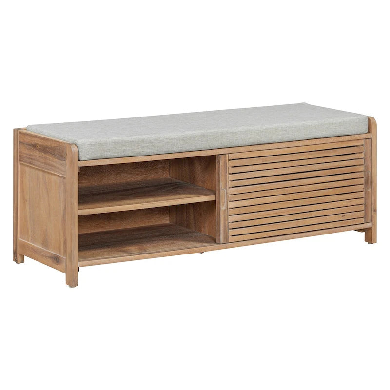 Banc de rangement à persiennes avec coussin et porte coulissante, MDF, 105,4 cm L, 1 place, Blanc/Gris/Bleu marine/Naturel/Espresso