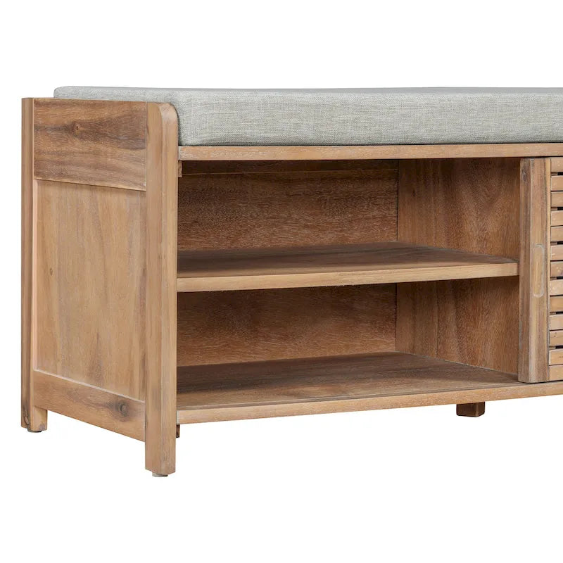 Banc de rangement à persiennes avec coussin et porte coulissante, MDF, 105,4 cm L, 1 place, Blanc/Gris/Bleu marine/Naturel/Espresso