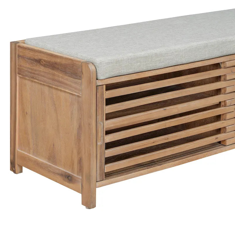 Banc de rangement à persiennes avec coussin et porte coulissante, MDF, 105,4 cm L, 1 place, Blanc/Gris/Bleu marine/Naturel/Espresso