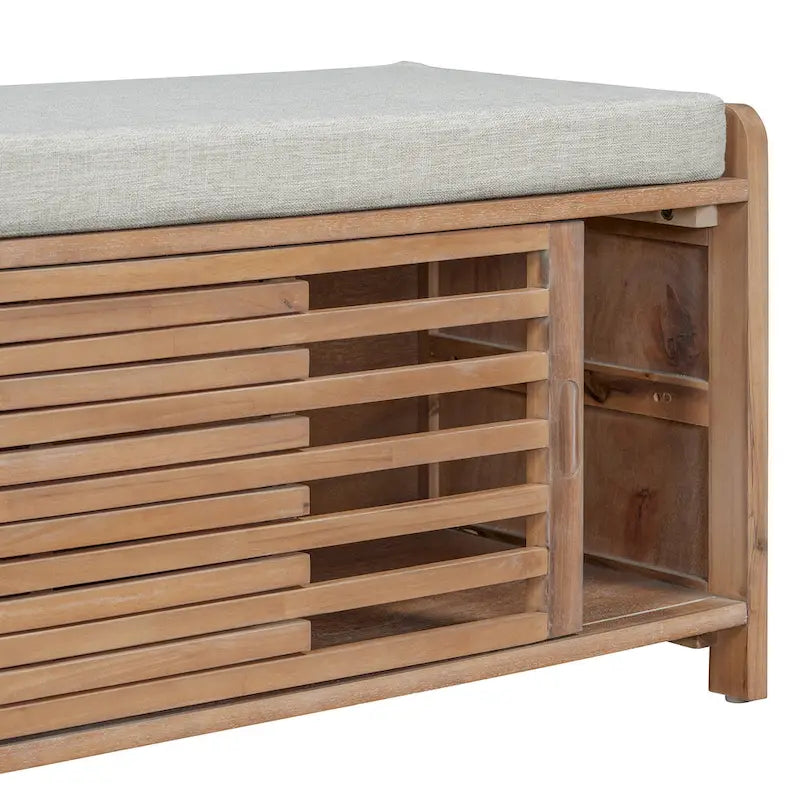 Banc de rangement à persiennes avec coussin et porte coulissante, MDF, 105,4 cm L, 1 place, Blanc/Gris/Bleu marine/Naturel/Espresso