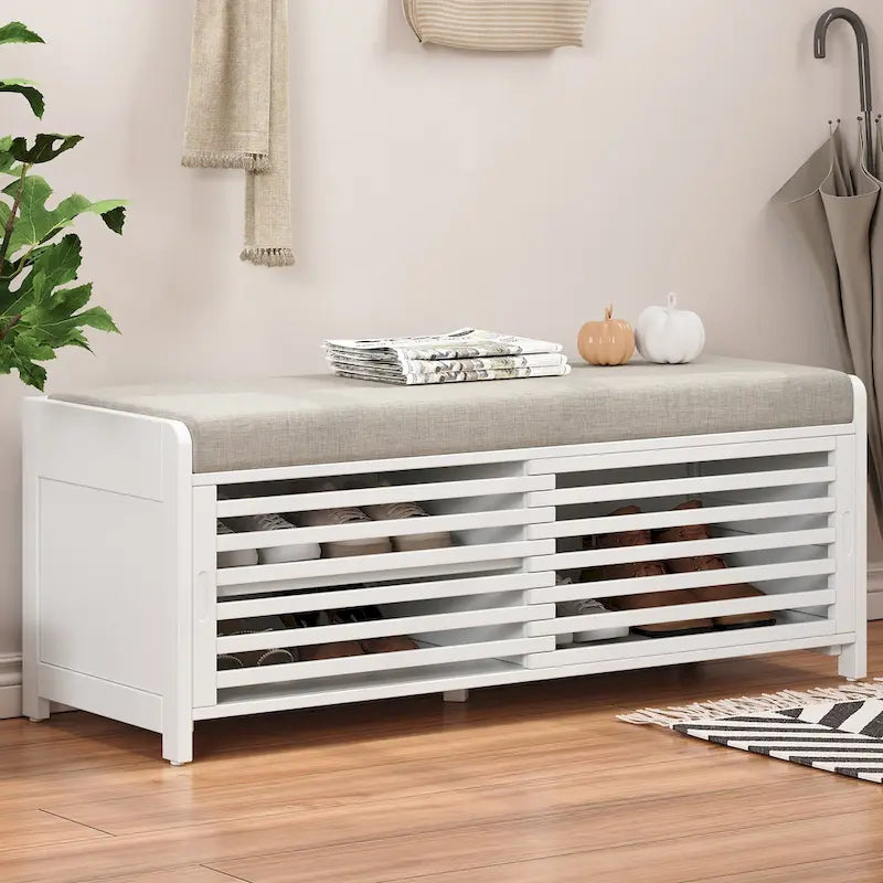 Banc de rangement à persiennes avec coussin et porte coulissante, MDF, 105,4 cm L, 1 place, Blanc/Gris/Bleu marine/Naturel/Espresso