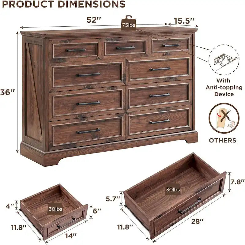 Commode à 9 tiroirs, style Campagne, bleu/gris/marron/blanc cassé/noir, bois manufacturé