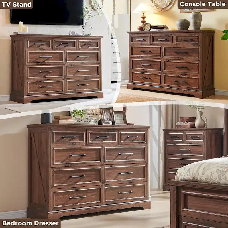 Commode à 9 tiroirs, style Campagne, bleu/gris/marron/blanc cassé/noir, bois manufacturé