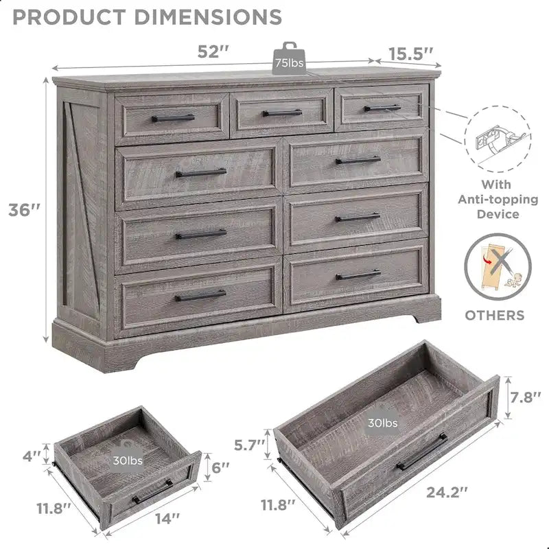 Commode à 9 tiroirs, style Campagne, bleu/gris/marron/blanc cassé/noir, bois manufacturé