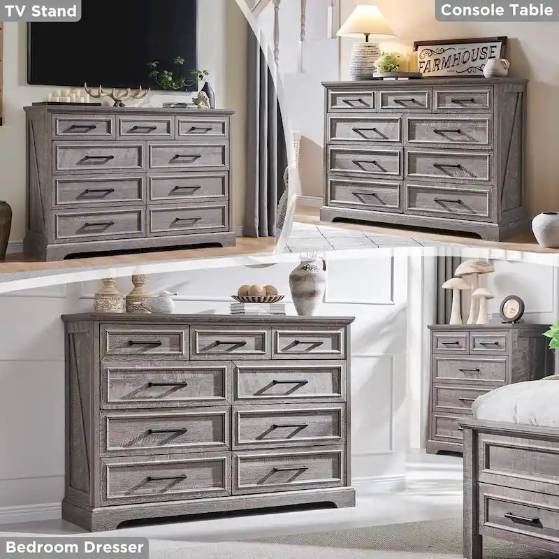 Commode à 9 tiroirs, style Campagne, bleu/gris/marron/blanc cassé/noir, bois manufacturé