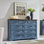 Commode à 9 tiroirs, style Campagne, bleu/gris/marron/blanc cassé/noir, bois manufacturé