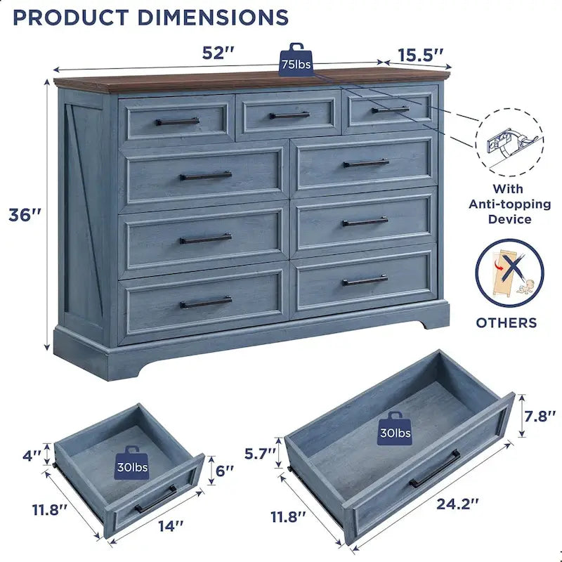 Commode à 9 tiroirs, style Campagne, bleu/gris/marron/blanc cassé/noir, bois manufacturé