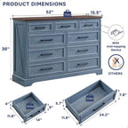 Commode à 9 tiroirs, style Campagne, bleu/gris/marron/blanc cassé/noir, bois manufacturé