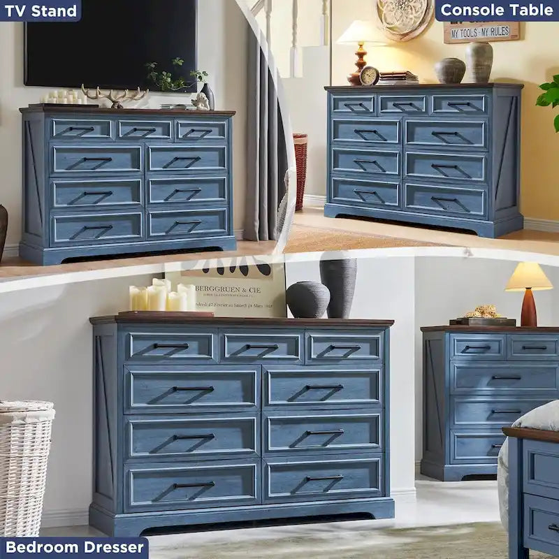 Commode à 9 tiroirs, style Campagne, bleu/gris/marron/blanc cassé/noir, bois manufacturé