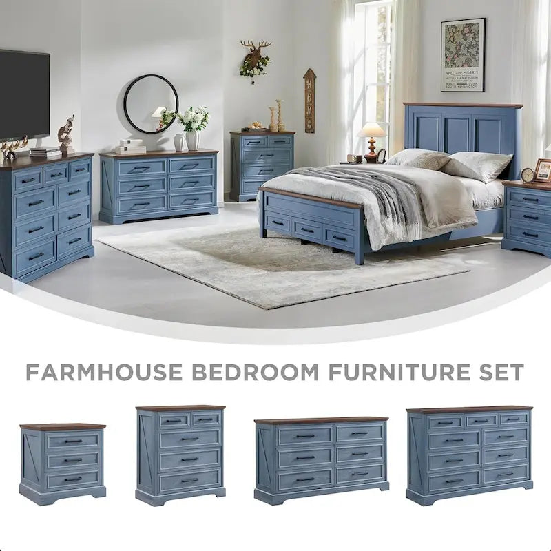 Commode à 9 tiroirs, style Campagne, bleu/gris/marron/blanc cassé/noir, bois manufacturé
