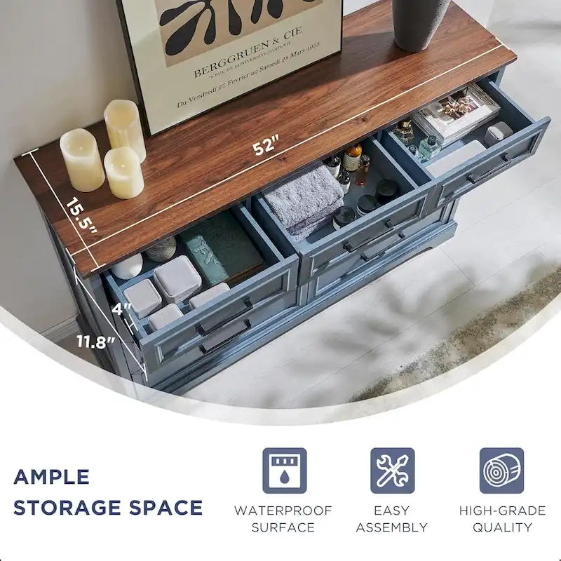 Commode à 9 tiroirs, style Campagne, bleu/gris/marron/blanc cassé/noir, bois manufacturé