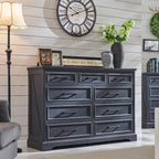 Commode à 9 tiroirs, style Campagne, bleu/gris/marron/blanc cassé/noir, bois manufacturé