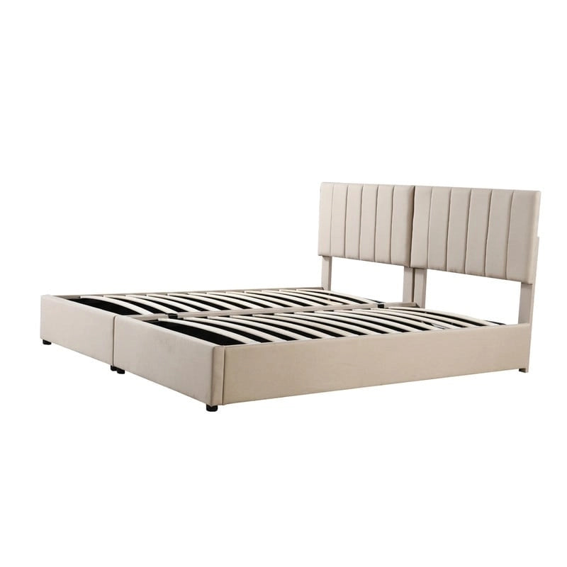 Cadre de lit plateforme rembourré double/très grand avec système de rangement hydraulique, lit de rangement relevable avec tête de lit et support à lattes