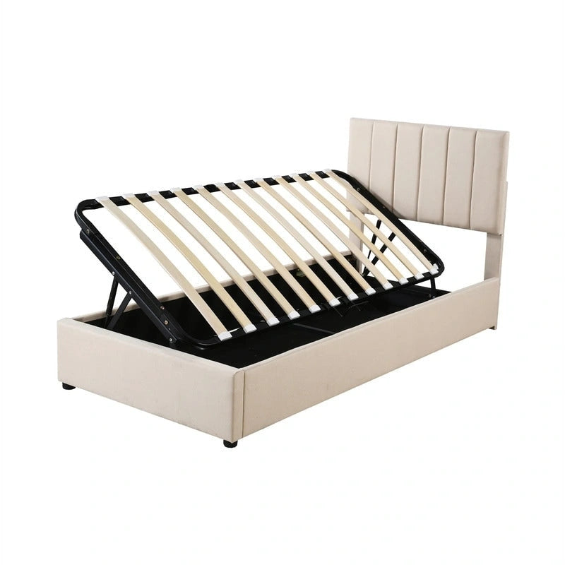Cadre de lit plateforme rembourré double/très grand avec système de rangement hydraulique, lit de rangement relevable avec tête de lit et support à lattes