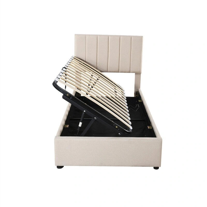 Cadre de lit plateforme rembourré double/très grand avec système de rangement hydraulique, lit de rangement relevable avec tête de lit et support à lattes