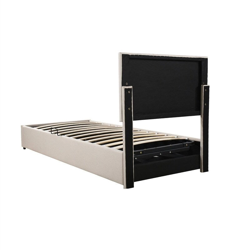 Cadre de lit plateforme rembourré double/très grand avec système de rangement hydraulique, lit de rangement relevable avec tête de lit et support à lattes