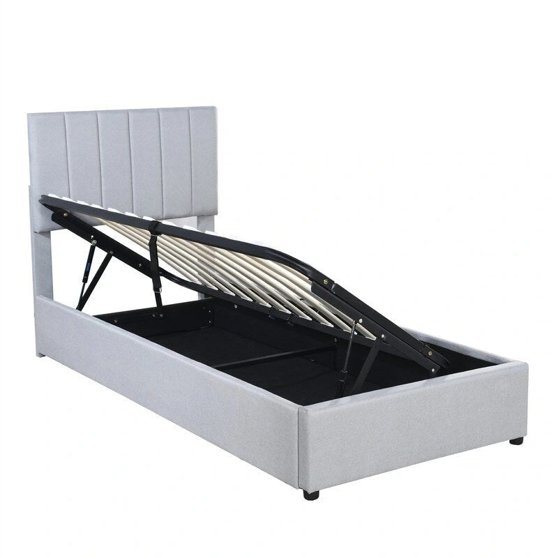 Cadre de lit plateforme rembourré double/très grand avec système de rangement hydraulique, lit de rangement relevable avec tête de lit et support à lattes