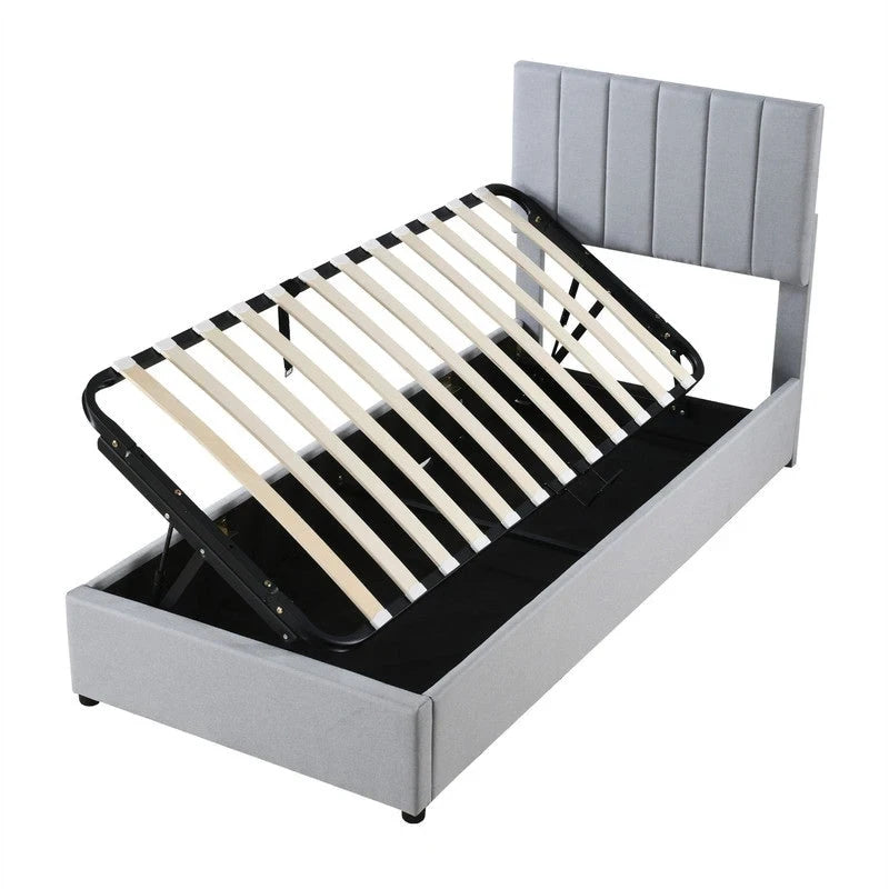 Cadre de lit plateforme rembourré double/très grand avec système de rangement hydraulique, lit de rangement relevable avec tête de lit et support à lattes