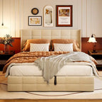 Lit de rangement relevable Grand lit/Très grand lit, Beige/Gris, Tête de lit à oreilles, 2 places