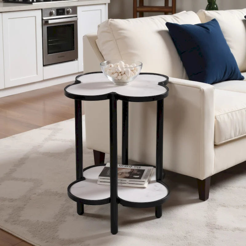 Table d'appoint Chloe, plateau trèfle en marbre véritable blanc avec cadre en fer noir