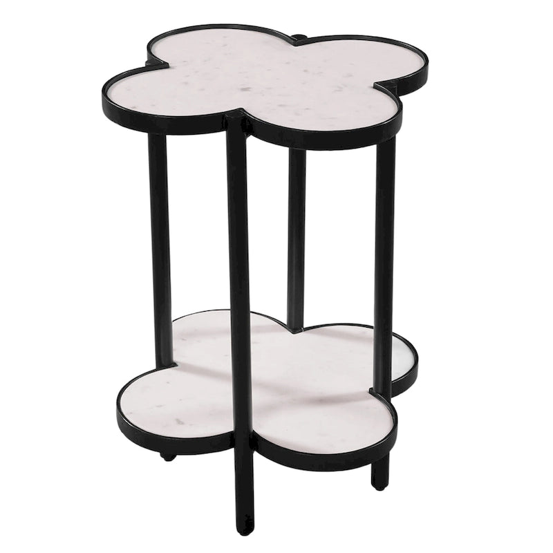 Table d'appoint Chloe, plateau trèfle en marbre véritable blanc avec cadre en fer noir