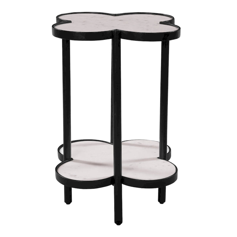Table d'appoint Chloe, plateau trèfle en marbre véritable blanc avec cadre en fer noir