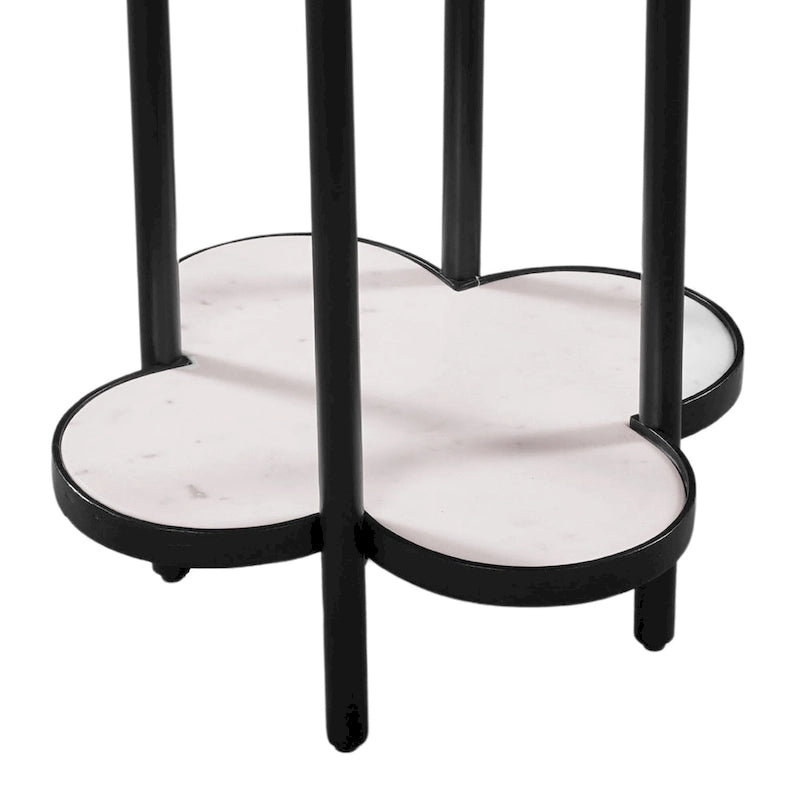 Table d'appoint Chloe, plateau trèfle en marbre véritable blanc avec cadre en fer noir