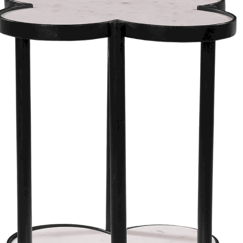 Table d'appoint Chloe, plateau trèfle en marbre véritable blanc avec cadre en fer noir