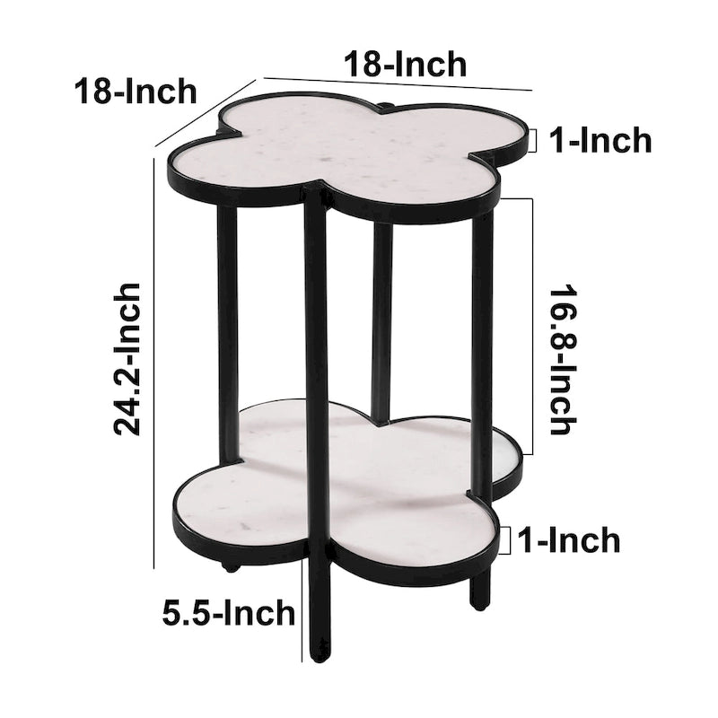 Table d'appoint Chloe, plateau trèfle en marbre véritable blanc avec cadre en fer noir