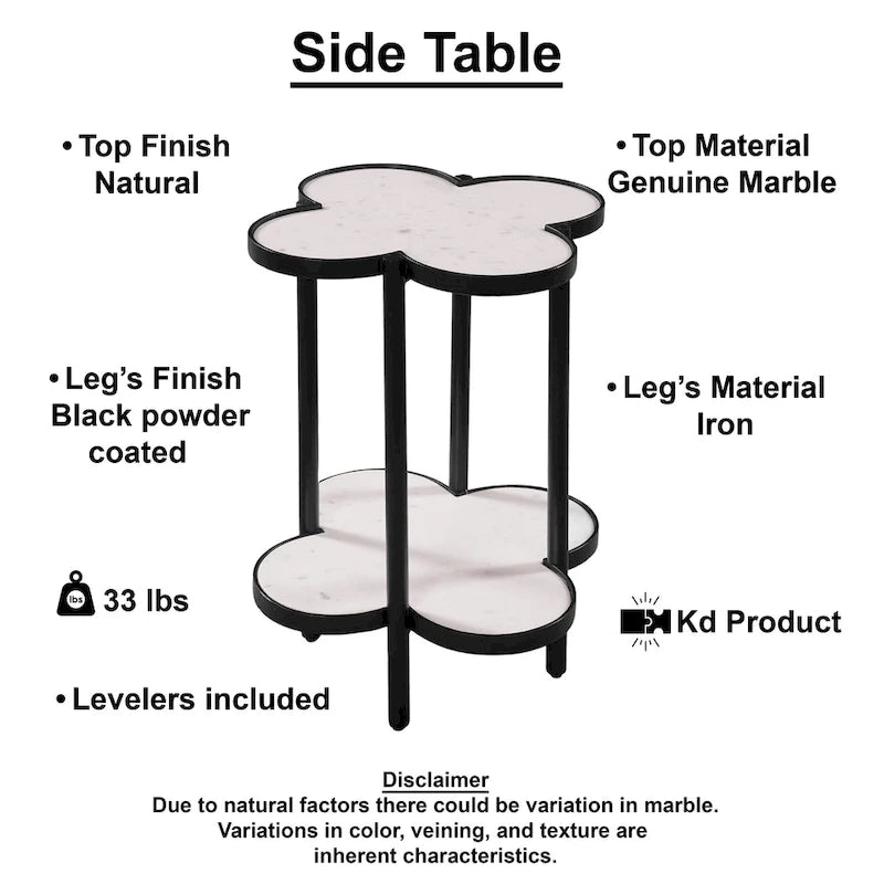 Table d'appoint Chloe, plateau trèfle en marbre véritable blanc avec cadre en fer noir