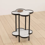 Table d'appoint Chloe, plateau trèfle en marbre véritable blanc avec cadre en fer noir