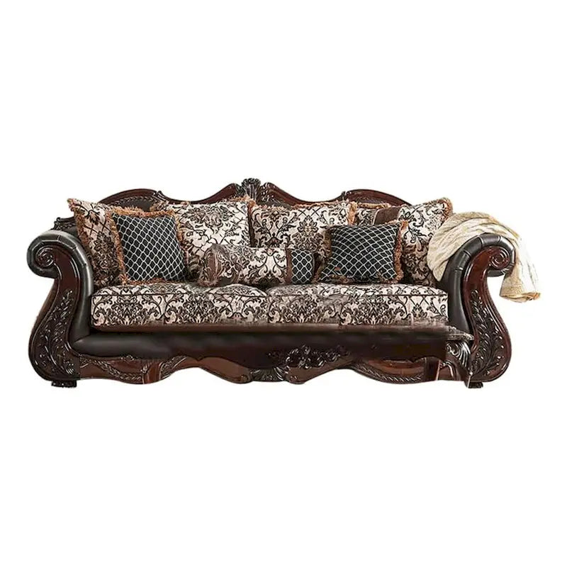 Ensemble canapé 2 places et causeuse, similicuir marron foncé, 5 coussins décoratifs
