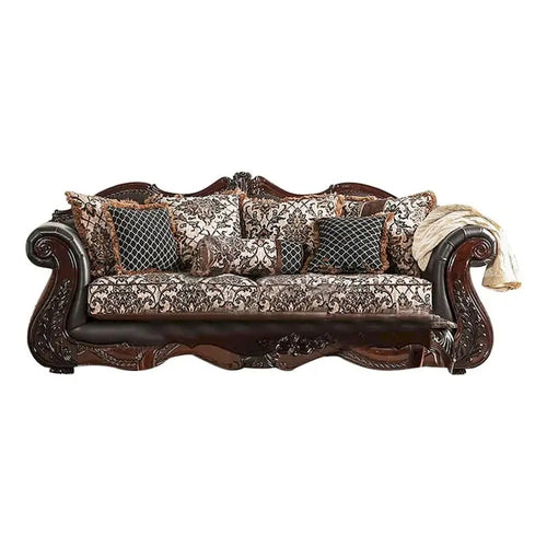 Ensemble canapé 2 places et causeuse, similicuir marron foncé, 5 coussins décoratifs