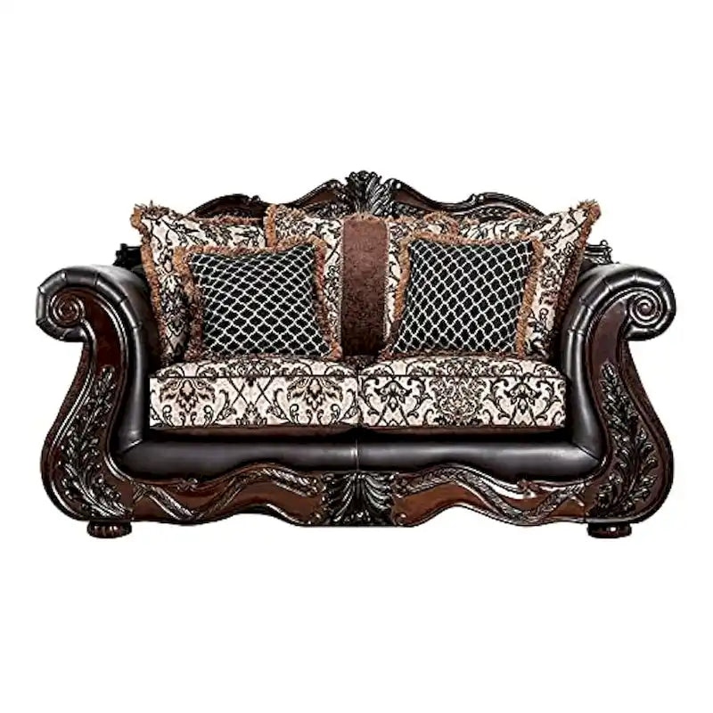 Ensemble canapé 2 places et causeuse, similicuir marron foncé, 5 coussins décoratifs