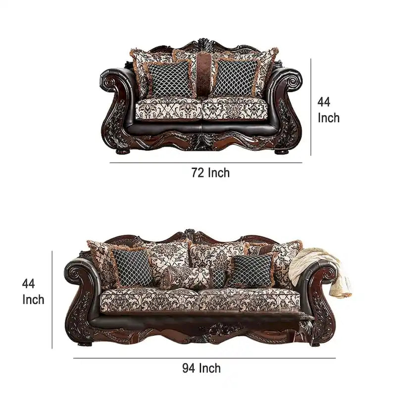 Ensemble canapé 2 places et causeuse, similicuir marron foncé, 5 coussins décoratifs