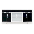 Meuble TV, moderne, 72"L, 4 portes vitrées, 3 compartiments, emplacement cheminée, pieds chromés, blanc/noir/chrome