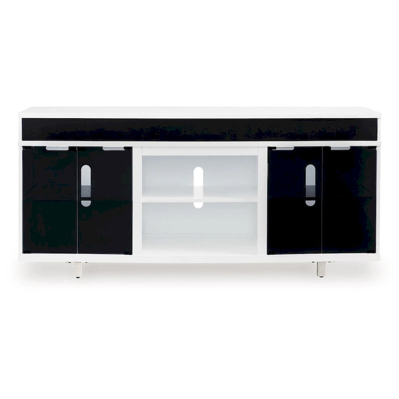 Meuble TV, moderne, 72"L, 4 portes vitrées, 3 compartiments, emplacement cheminée, pieds chromés, blanc/noir/chrome