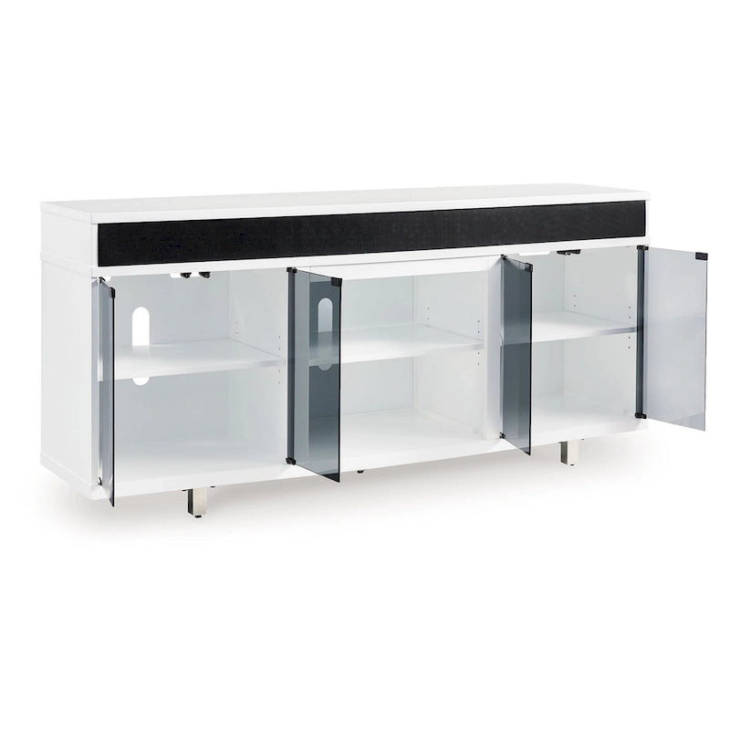 Meuble TV, moderne, 72"L, 4 portes vitrées, 3 compartiments, emplacement cheminée, pieds chromés, blanc/noir/chrome