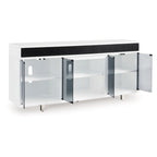 Meuble TV, moderne, 72"L, 4 portes vitrées, 3 compartiments, emplacement cheminée, pieds chromés, blanc/noir/chrome