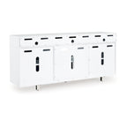 Meuble TV, moderne, 72"L, 4 portes vitrées, 3 compartiments, emplacement cheminée, pieds chromés, blanc/noir/chrome