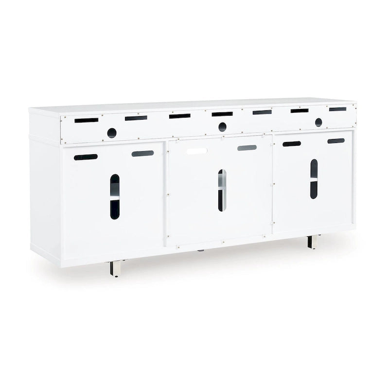 Meuble TV, moderne, 72"L, 4 portes vitrées, 3 compartiments, emplacement cheminée, pieds chromés, blanc/noir/chrome