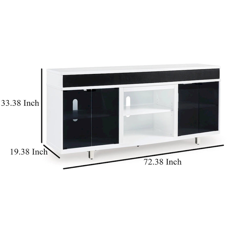 Meuble TV, moderne, 72"L, 4 portes vitrées, 3 compartiments, emplacement cheminée, pieds chromés, blanc/noir/chrome