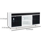 Meuble TV, moderne, 72"L, 4 portes vitrées, 3 compartiments, emplacement cheminée, pieds chromés, blanc/noir/chrome