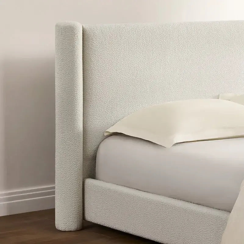 Cadre de lit plateforme rembourré, Blanc, Tête de lit large, Tissu bouclé, Grand lit (Queen), 2 places