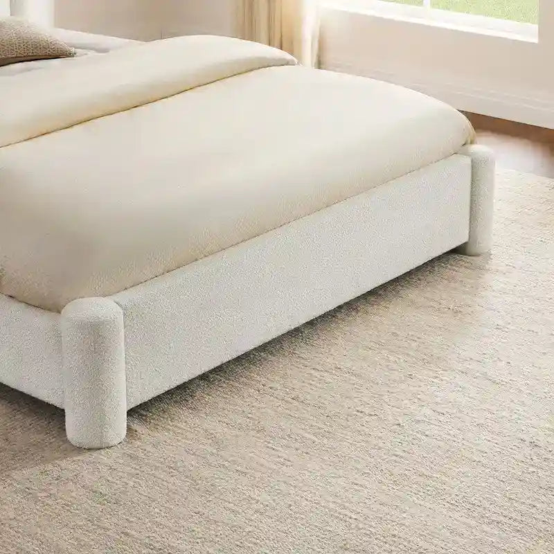 Cadre de lit plateforme rembourré, Blanc, Tête de lit large, Tissu bouclé, Grand lit (Queen), 2 places